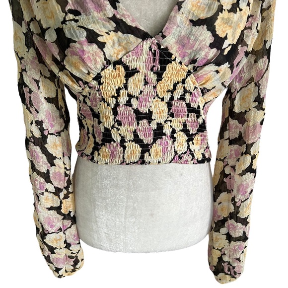 Lulus Romantic Impression Black Floral Smocked Tie Back Cropped Top - M - Picture 6 of 15